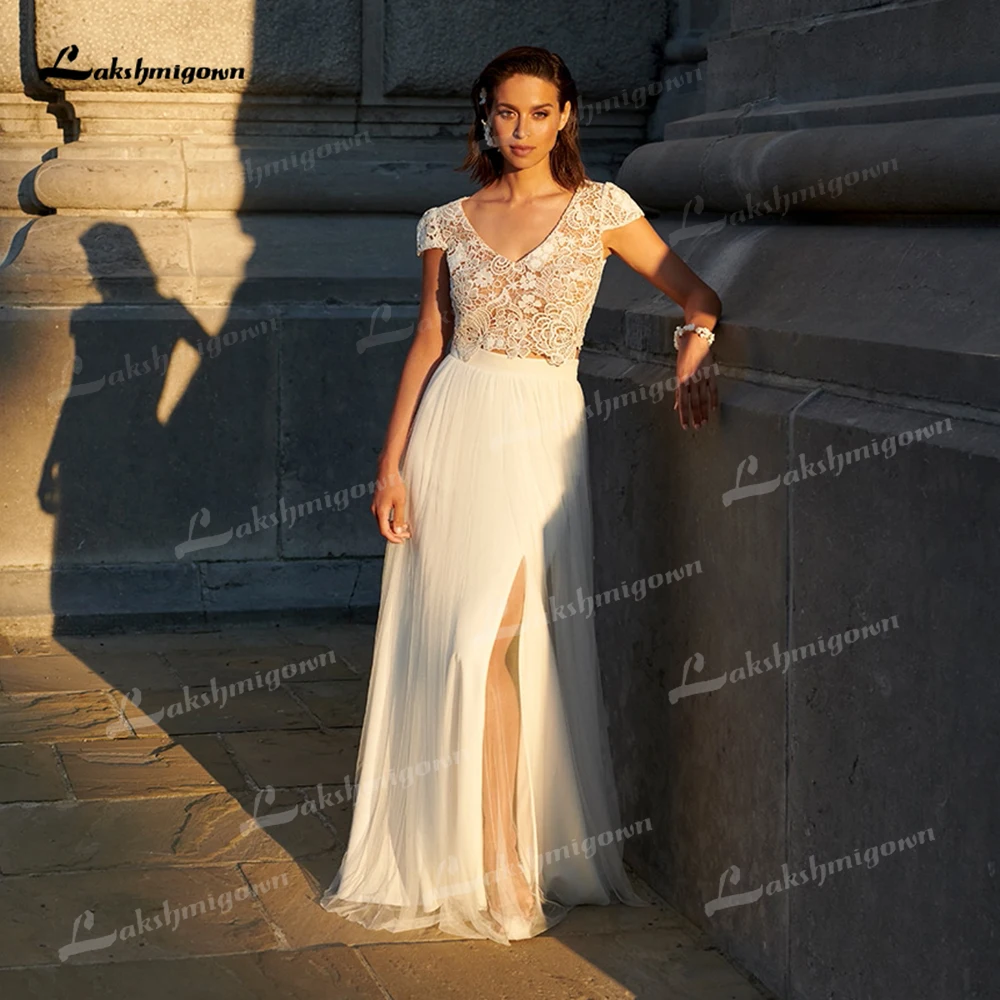 Yanshmigown-Robe de mariée trapèze personnalisée pour femme, haut en dentelle fendue sur le côté, mancherons courts, filet sexy, robe éducative pour les patients