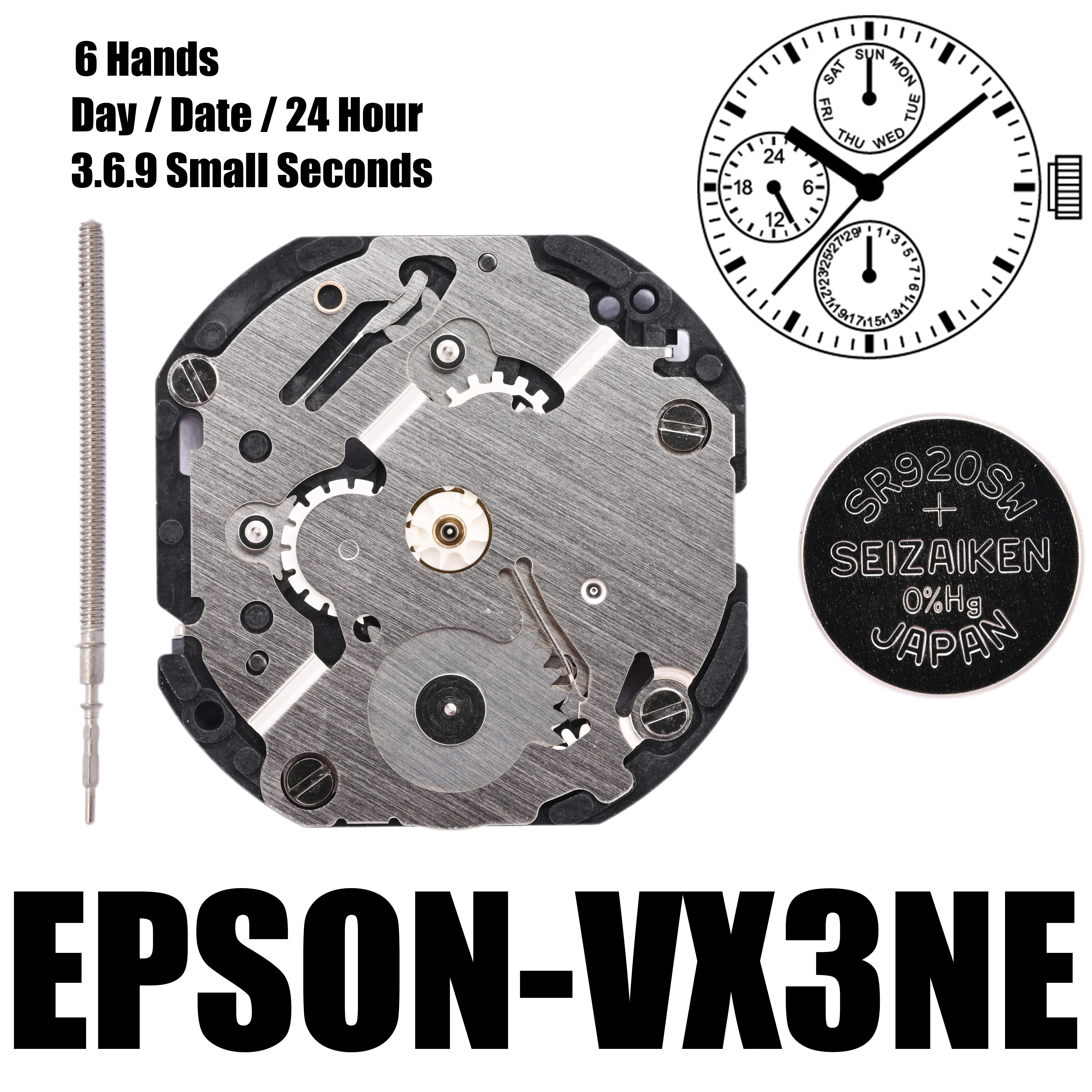 

VX3N Movement Epson VX3NE VX3 Series Quartz Movement 6.9.12 Seconds Size:10 1/2''' 6 Hands Day / Date / 24 Hour