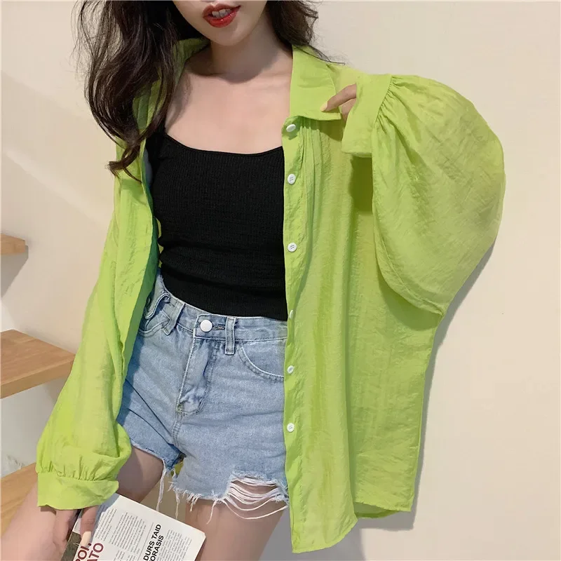 

Hong Kong Style Outerwear Candy-colored Blouse Fashion Long Sleeve Shirt Women Tops Summer Sunscreen Shirt Loose Clothes 26468