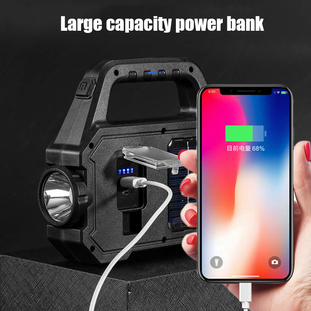 Portable Searchlight Solar LED Flashlight USB Rechargeable Torch Light Waterproof Work Light Powerful Lantern for Camping Hiking