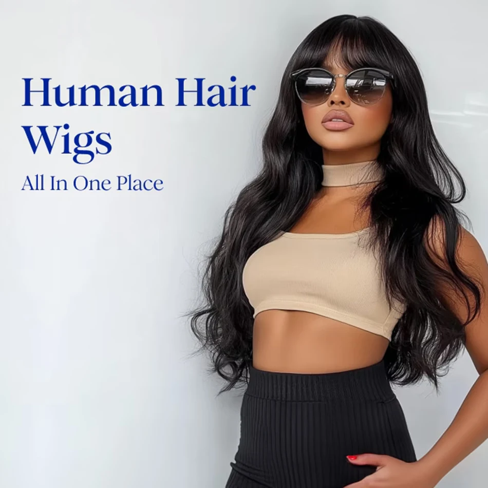 Body Wave Human Hair Wigs With Bangs Brazilian Wig Pre Plucked Hair Wigs Full Machine Made Wig With Bang