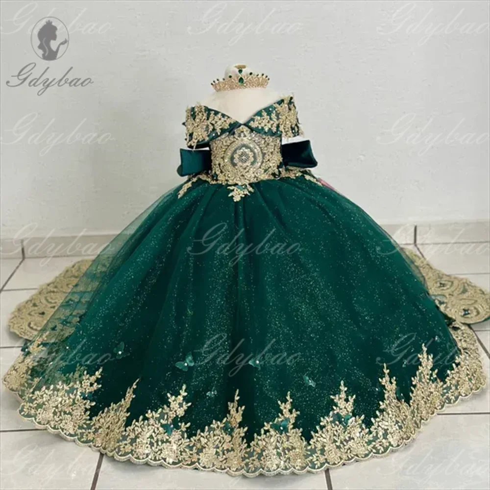 فستان فتاة الزهور بدون أكتاف مخصص مزين بالدانتيل فستان الأميرة اللامع على شكل حرف a للأطفال أول حفلة عيد ميلاد