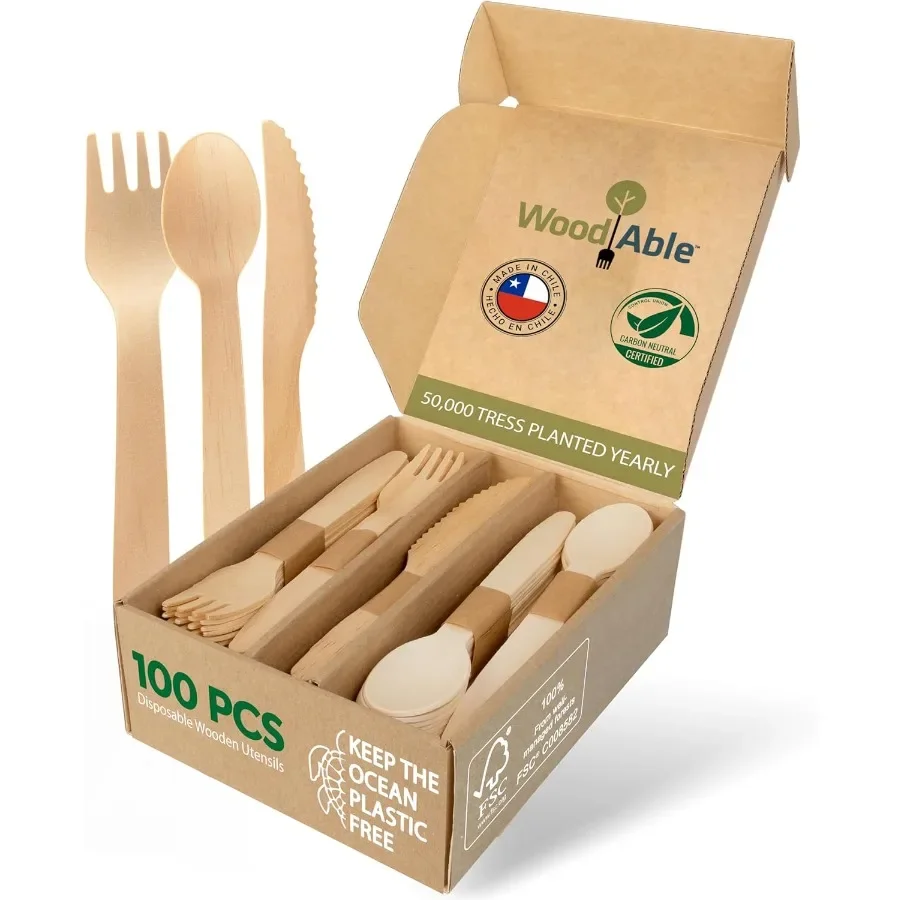 

Disposable Wooden Cutlery Set 100% Home Compostable 100 Mix 40 Forks 40 Spoons and 20 Knives 6.5" Bamboo Utensils Alternative E