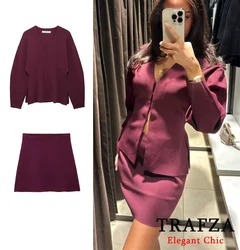 TRAFZA-Women Fashion Knitted Skirt Set Loose Knitted Top Coat and A-Line Skirt New 2024 Spring Autumn Fall Burgundy Modern Set