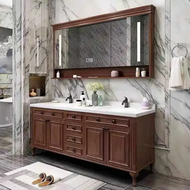 

Long - lasting Bathroom Cabinet American Style Double Basin Rock Slab Solid Wood Oak Combination Large Size Wash Basin Bathroom