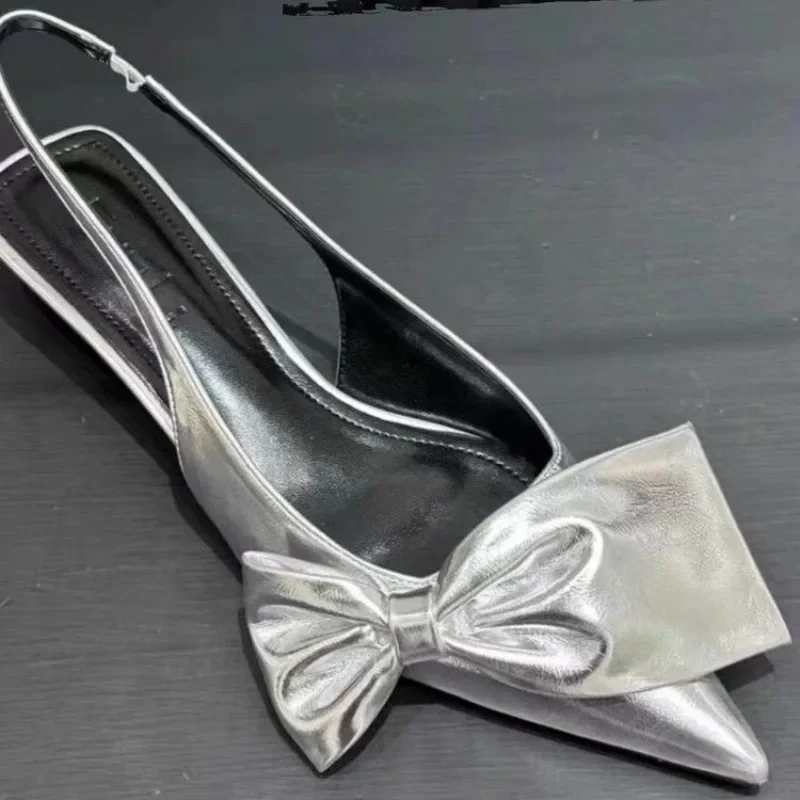 

Luxury Pointy Bow Sandals Women's Bowknot Slingback Kitten Heels Black Pointed Toe Satin Slip On Low Heels Casual Dress Shoes
