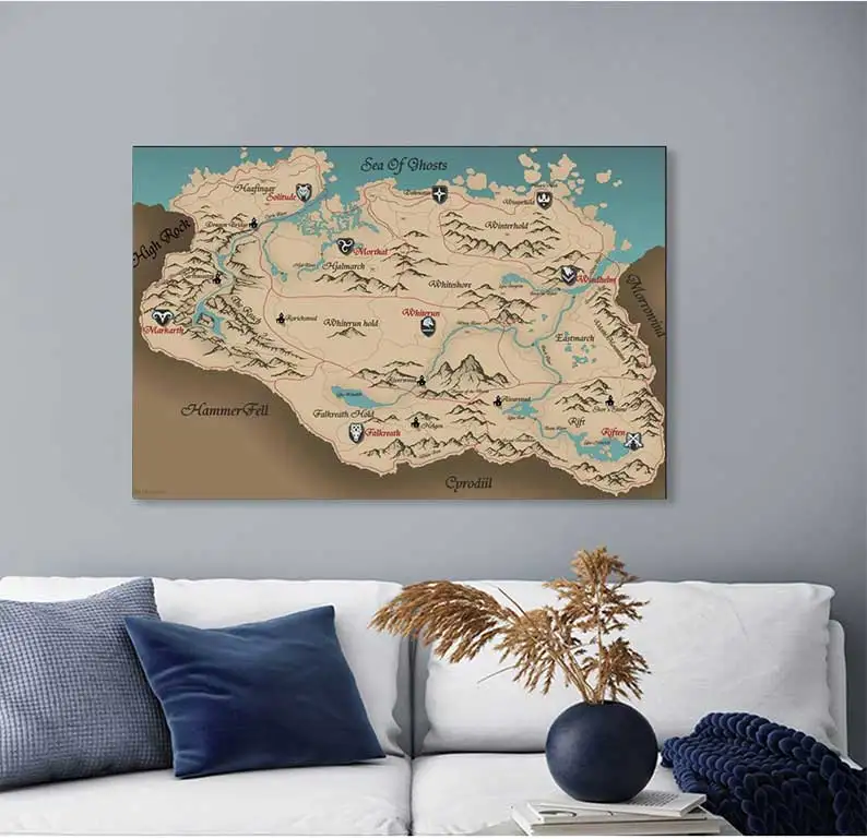 Póster de juego Skyrim, impresiones en lienzo, imagen artística de pared para sala de estar, decoración del hogar, mapa Vintage grande, rollos para personas mayores