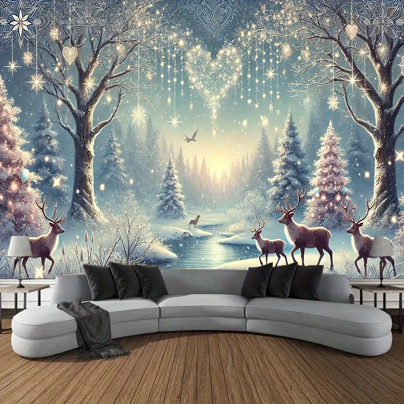 2D Flat, 1pc Extra Large Winter Scene Tapestry - Self-Lit Magical Reindeer Snowy Forest Wall Hanging with Twinkling Lights & Sta
