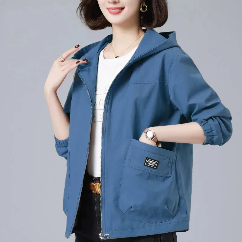 Middle-Aged Mother\'s Hooded Short Jacket Women\'s 2023 Spring Autumn New Loose Outwear S-5XL Women With Big pockets Windbreaker