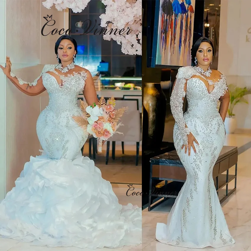 Abiti da sposa a sirena di lusso africani con collo alto personalizzato 2025 Abito da sposa in pizzo con perline staccabile con volant staccabile da donna W1433