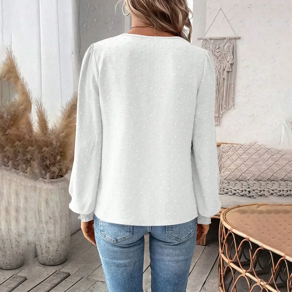 2024 Autumn Long Sleeve Lace Shirts & Blouses for Women Fashion Loose V-neck White Blouse Tops Blusas Casuales Mujer Clothing