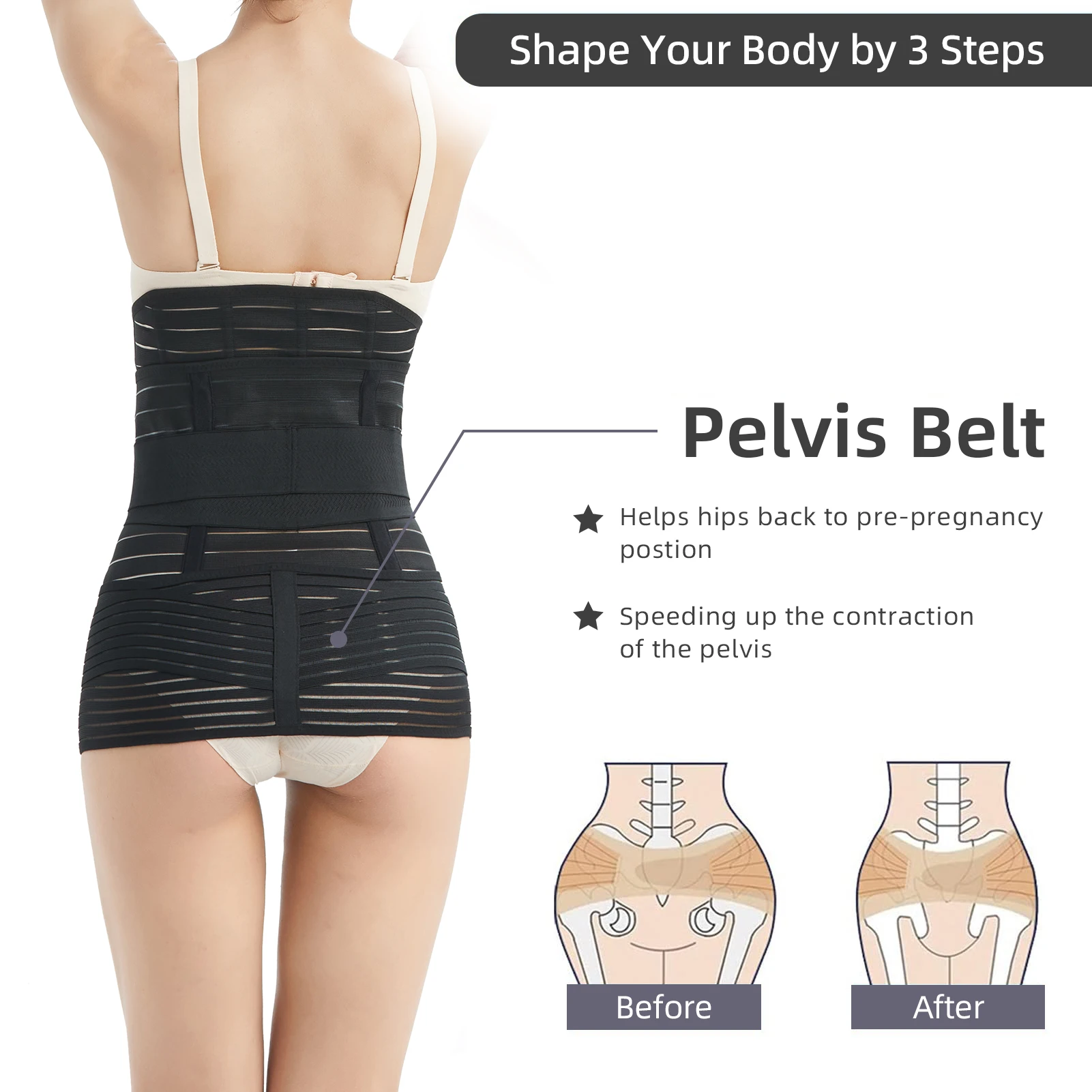 Envoltório de barriga de recuperação pós-parto 3 em 1 – Shapewear de emagrecimento para suporte de cintura e pelve – Confortável, ajustável, respirável