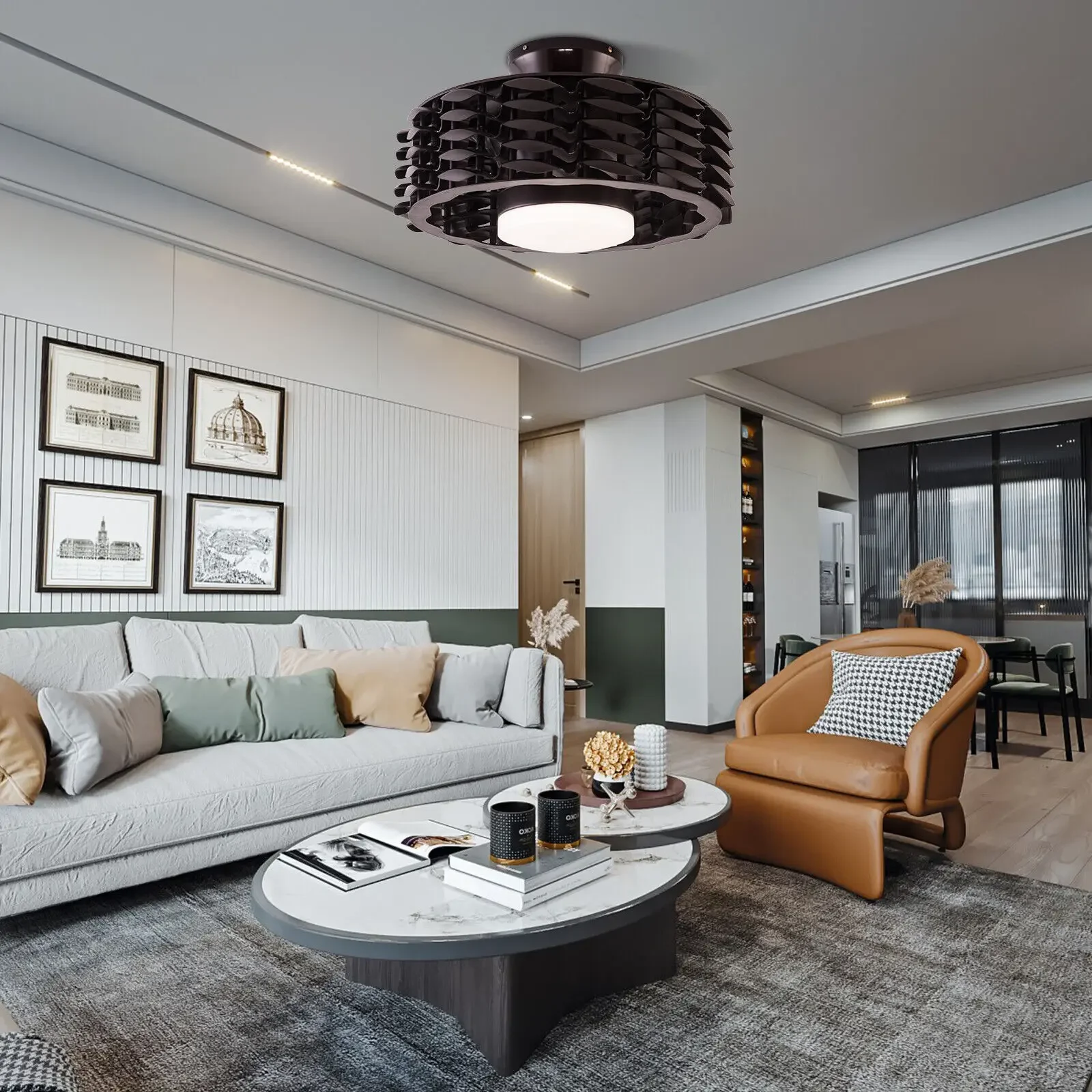 22 Inch Bladeless Ceiling Fan with Light and Remote Control 3-Color Adjustable Modern Semi Flush Mount LED Ceiling Fan Light