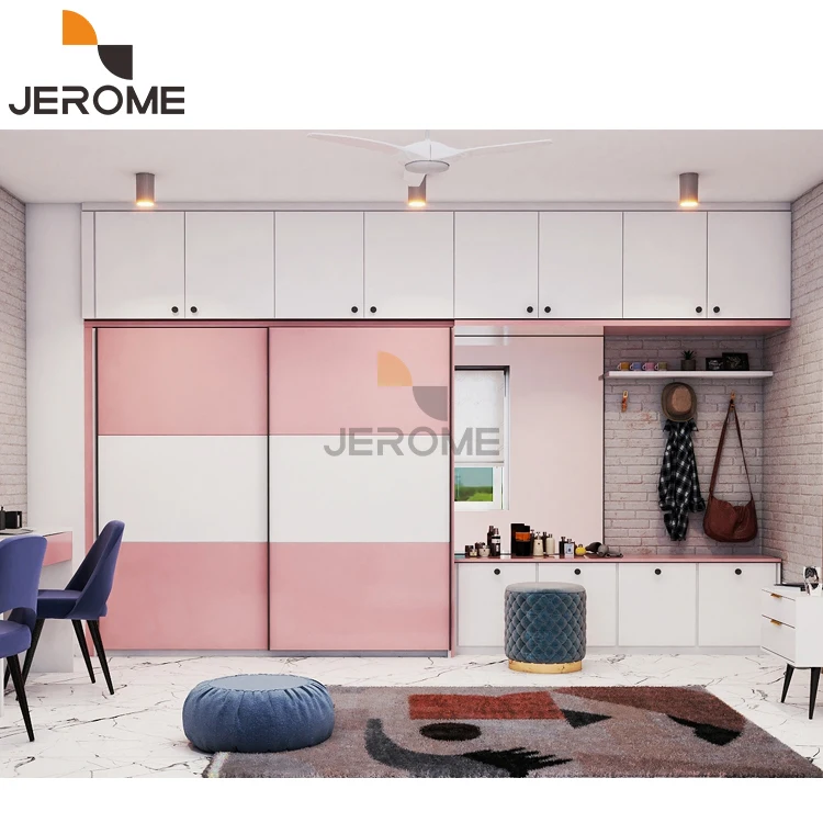 مصنع مخصص التصميم الحديث غرفة نوم الملابس ألميرا خزانة الأثاث أطفال الأطفال الوردي والأبيض MDF الخشب خزانة منزلقة