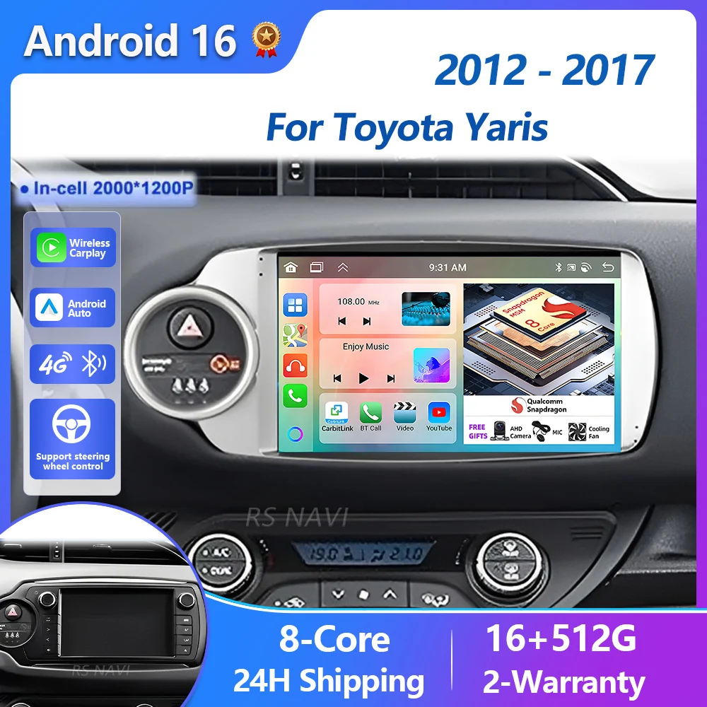 Plug and Play Android 15 Carplay 2K Car Radio For Toyota Yaris 2012 - 2017 Navigation GPS Multimedia Player stereo wifi BT Auto