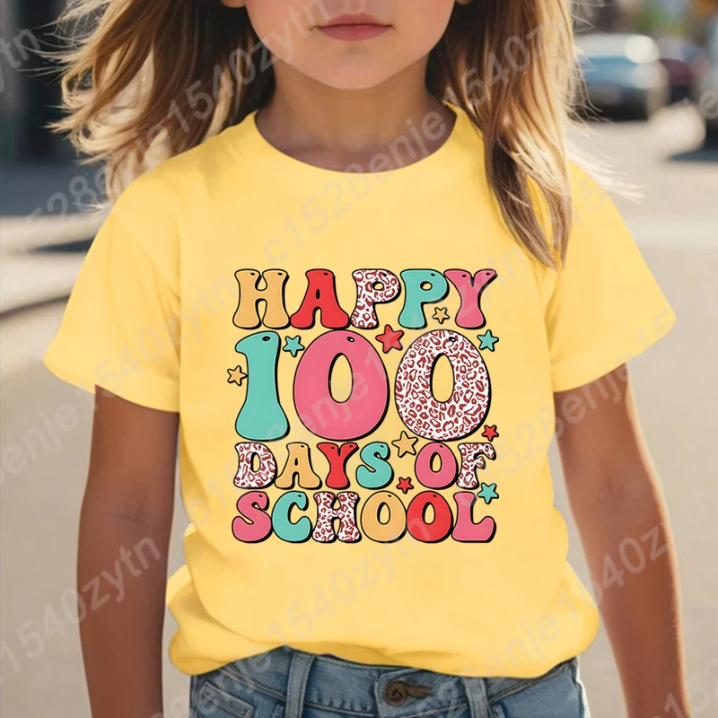 Happy 100 Days Of School Print T-Shirts Children Girls Clothing Summer Short Sleeves Tee Shirts Hot Selling Solid Color T-Shirts