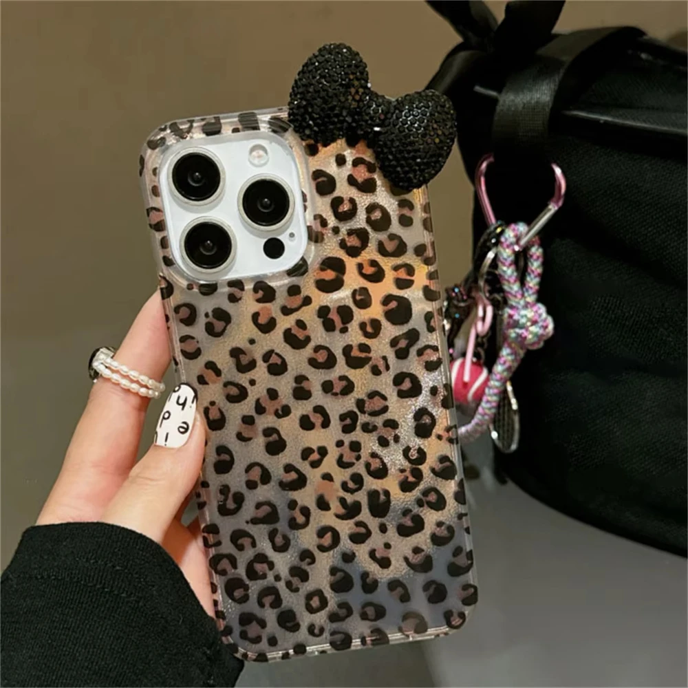 Korean Stylish Leopard Print Laser Phone Case For Iphone 16 15 14 11 13 12 Pro Max 14 Plus Luxury Rhinestone Bowknot Soft Cover