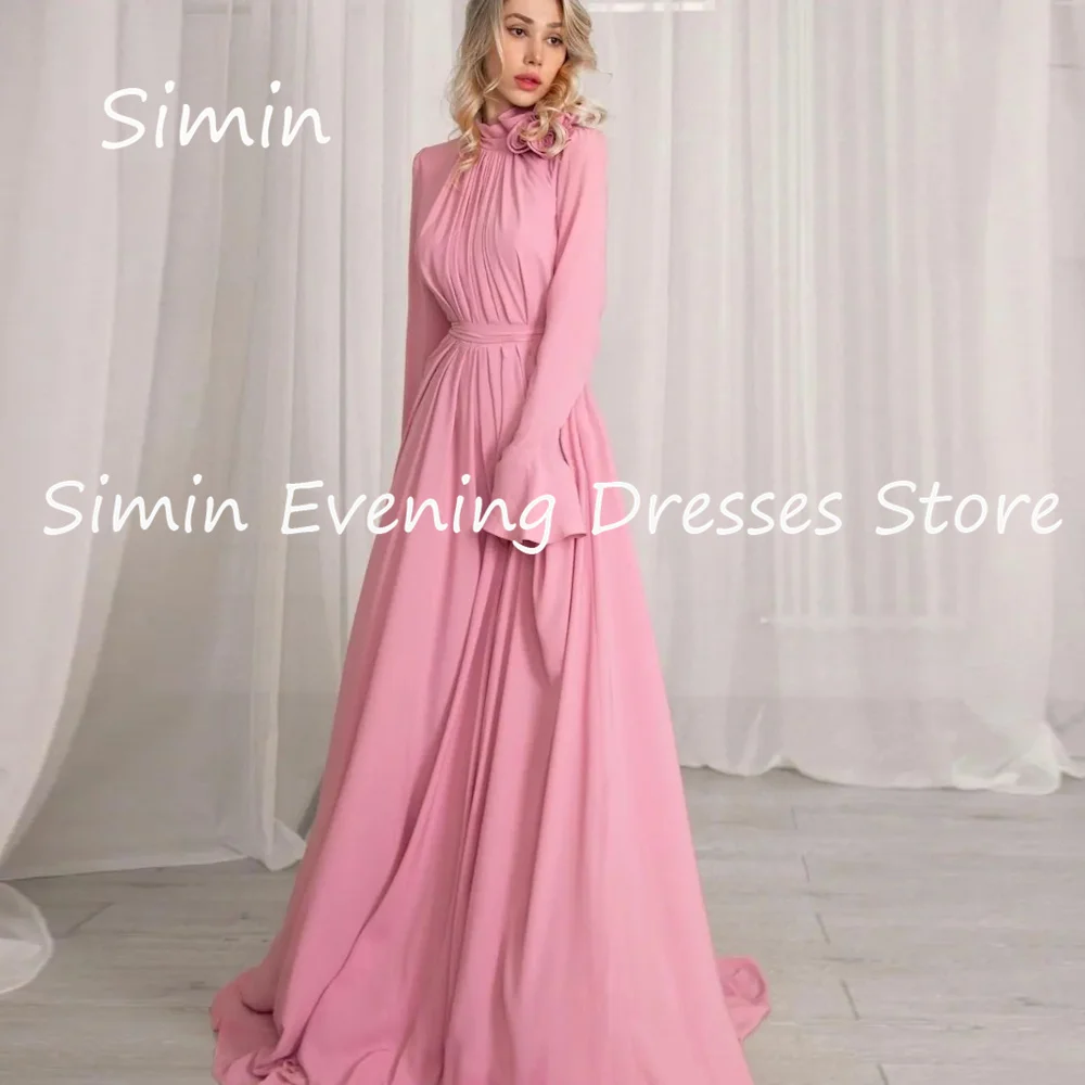 Simin-Vestido A de cetim feminino, decote em O, flores plissadas, Formal, Luxo, vestido de formatura, até o chão, noite, elegantes vestidos de festa, 2023