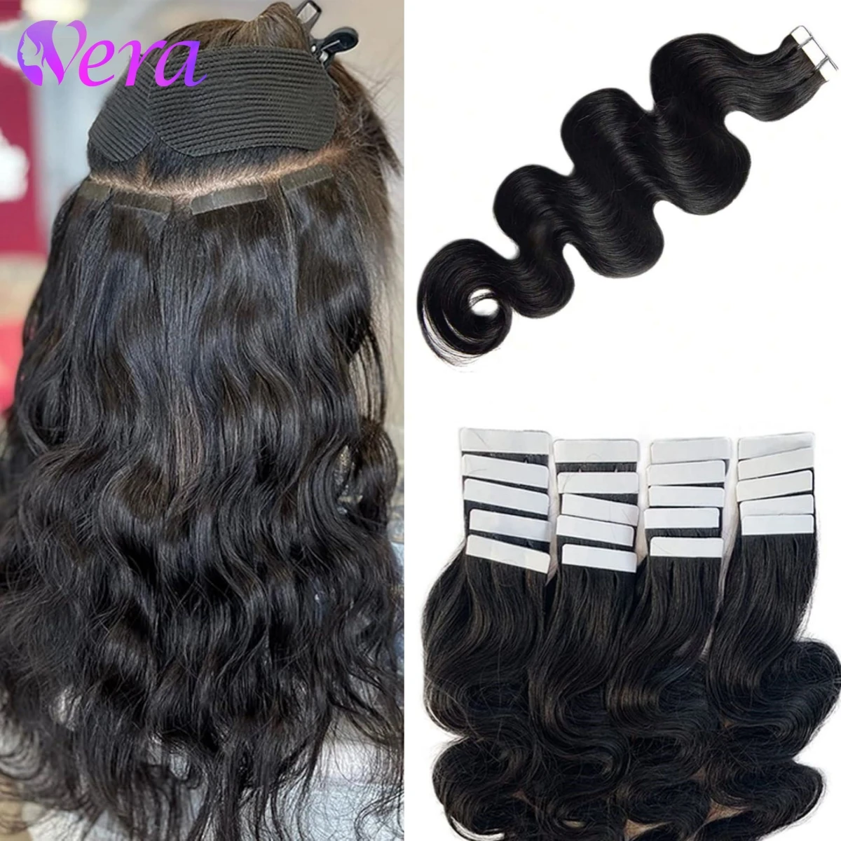 Cinta adhesiva para extensiones de cabello, pelo Remy, sin costuras, color negro Natural