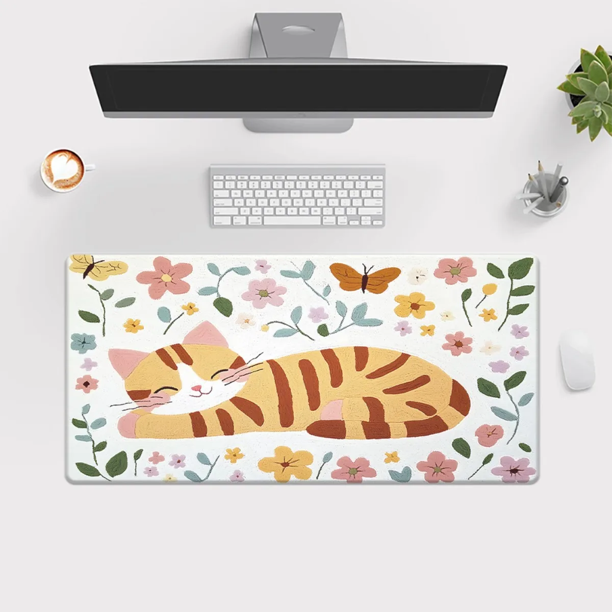 Sleeping Striped Cat Floral Butterfly Desk Mat Non-Slip Rubber Gaming Mouse Pad for Office