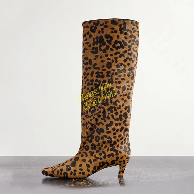 

Leopard Knee High Boots Kitten Heel Slip On Small Square Toe Fashion 2026 Winter Women Dress Shoes Handmade Hot Sale Runway