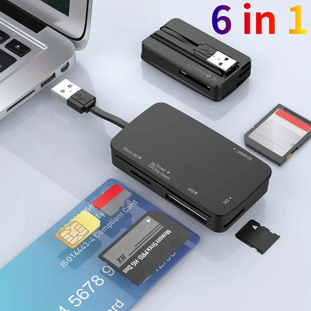 6 in 1 USB 2.0 All In One Card Reader 480Mbps Speed SD Card Reader Adapter 480Mbps Support Smart Card Micro SD MS M2 SD/MMC