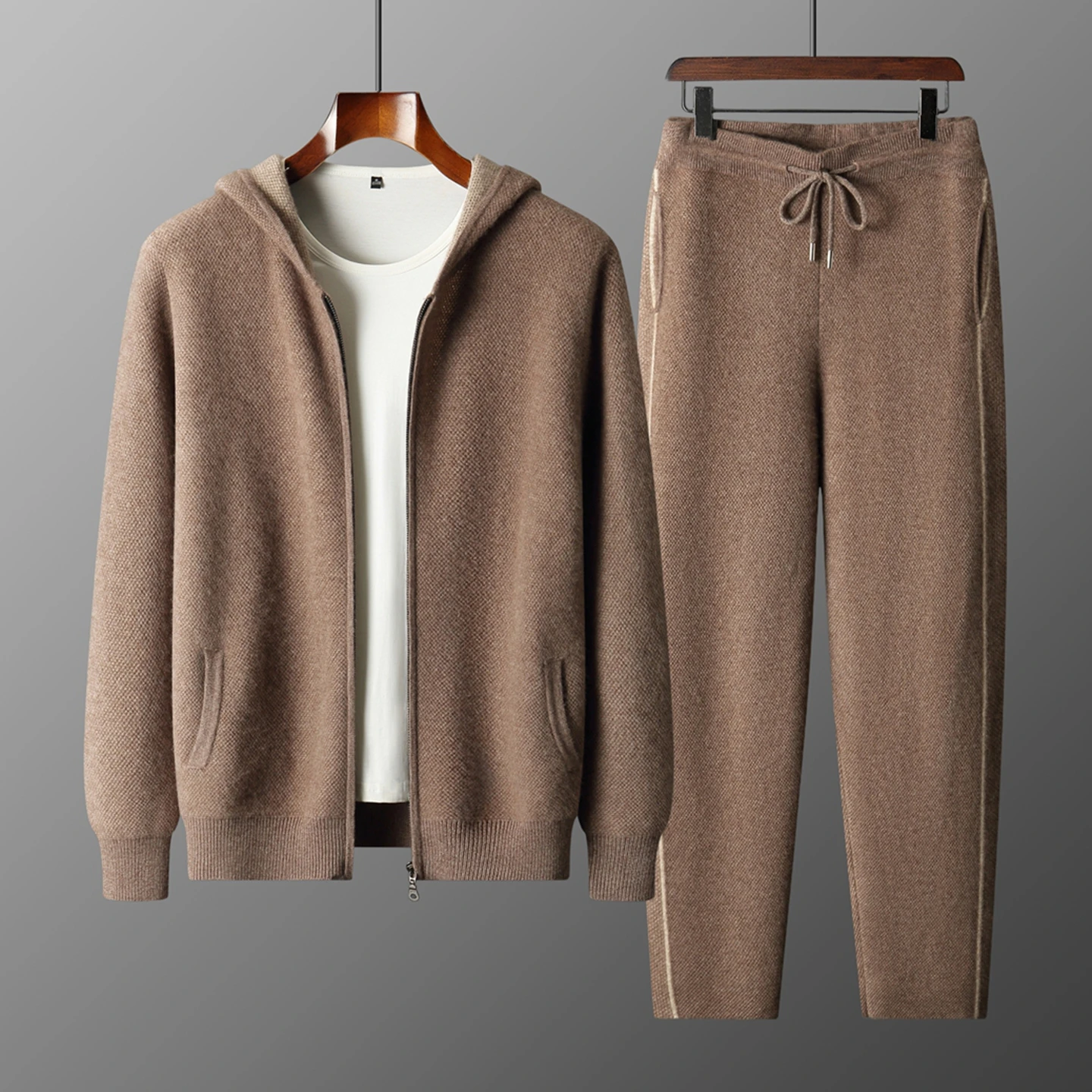 Men's Set Coat Trousers 100% Merino Wool Suit Pearl Needle Sweater Hooded Cardigan Pants Autumn Winter Knitted Set Trend Clothes