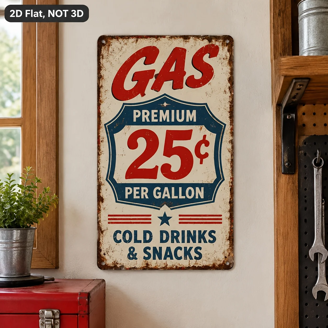 【2D Flat】 1pc 8X12 Inch Vintage Gas Station Metal Sign GAS REGULAR 26 GAL FULL SERVICE - Distressed Retro Wall Art for Garage, f