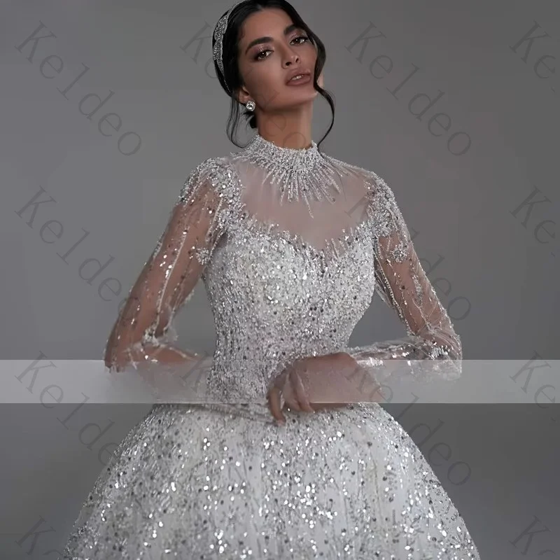 Customized Elegant High-Neck A-Line Long Sleeve Wedding Dresses 2026 New Beading Applique Sequins Lace Up Open Back Bridal Gowns