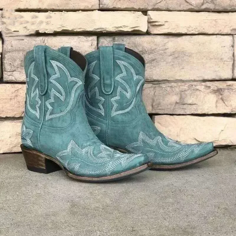 Vintage Embroidery Cowboy Woman Boots 2023 Autumn Winter Thick Heels Ankle Boots For Women Red PU Leather Western Botas Mujer