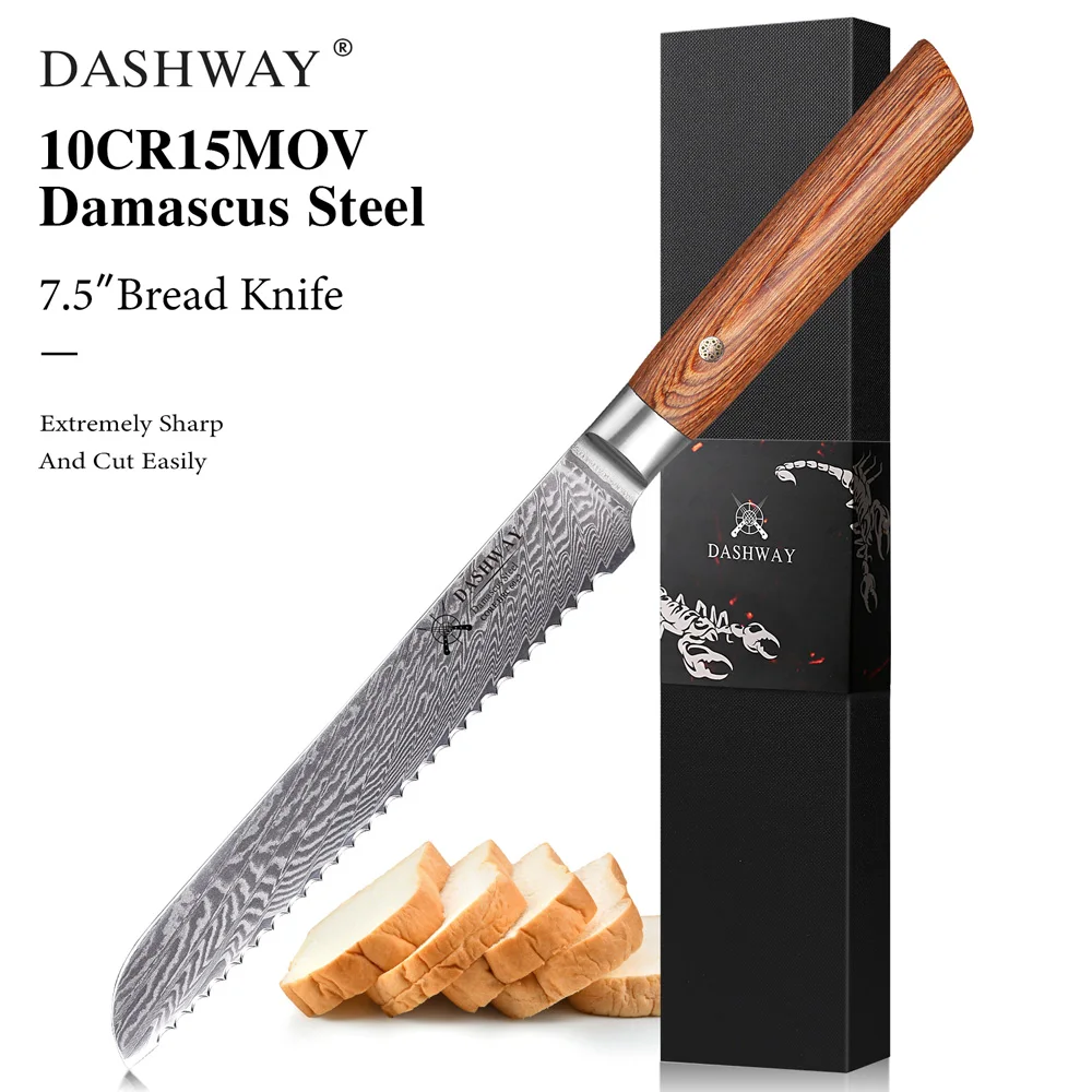 DASHWAY 7,5" Brotmesser Damaskus Kochmesser Professionelle hochwertige gezahnte Schnitt Toast Käse Kuchen Haushalt Küchenmesser
