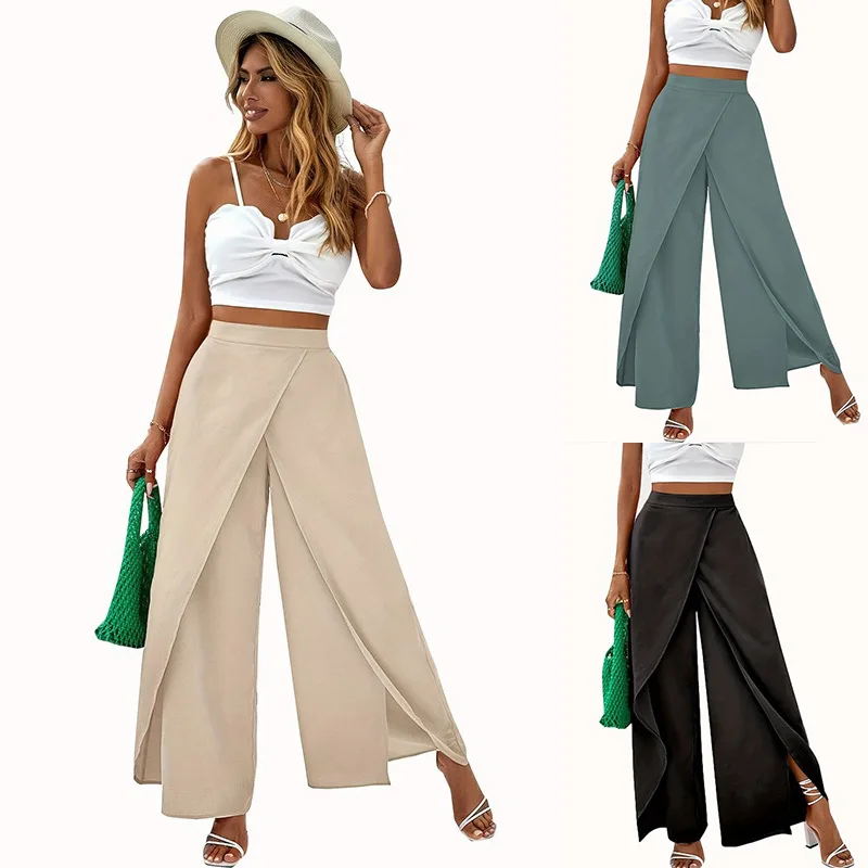 Women's New Ribbed Texture Wrap Over Wide Leg Casual Pants High Waist Loose Comfort Casual Versatile Commute Draped Split Pants