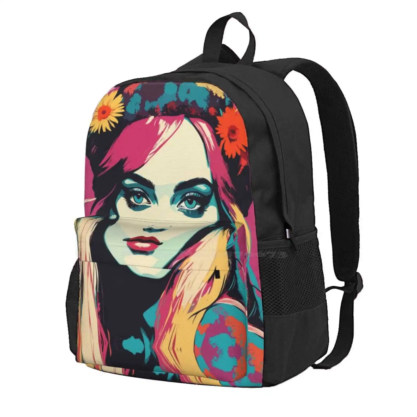 Pop-Art Hippie Portrait Of The 60S/70S Hot Sale Schoolbag Backpack Fashion Bags 60S 70S Vintage Retro Colorful Arches Peace