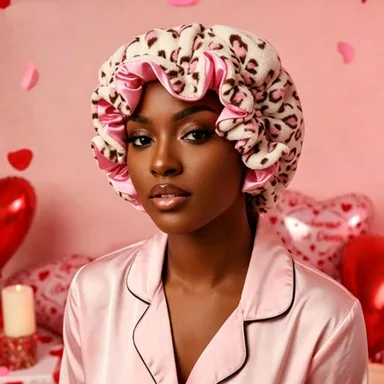 Leopard Print Satin Lined Sleep Bonnet with Soft Plush Bow Ear for Curly Hair Anti Frizz Protection Night Cap for Women