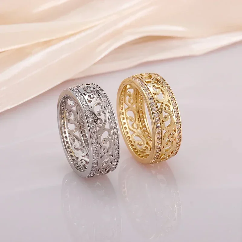 Exquisite and Elegant Hollow Flower Texture Ring Double Row Synthetic Zircon Women's Personalized Fashion Ring Accessories Gift