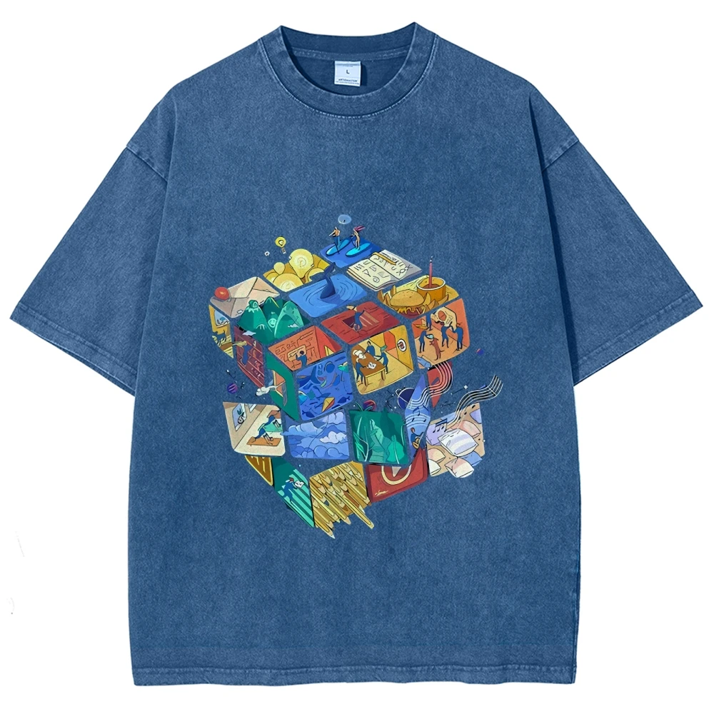 

Artistic Cube Graphic Tee：Vintage - Washed Tee With Colorful Cube Ar Retro Vibe. Perfect For Creative Souls & Trend Chasers