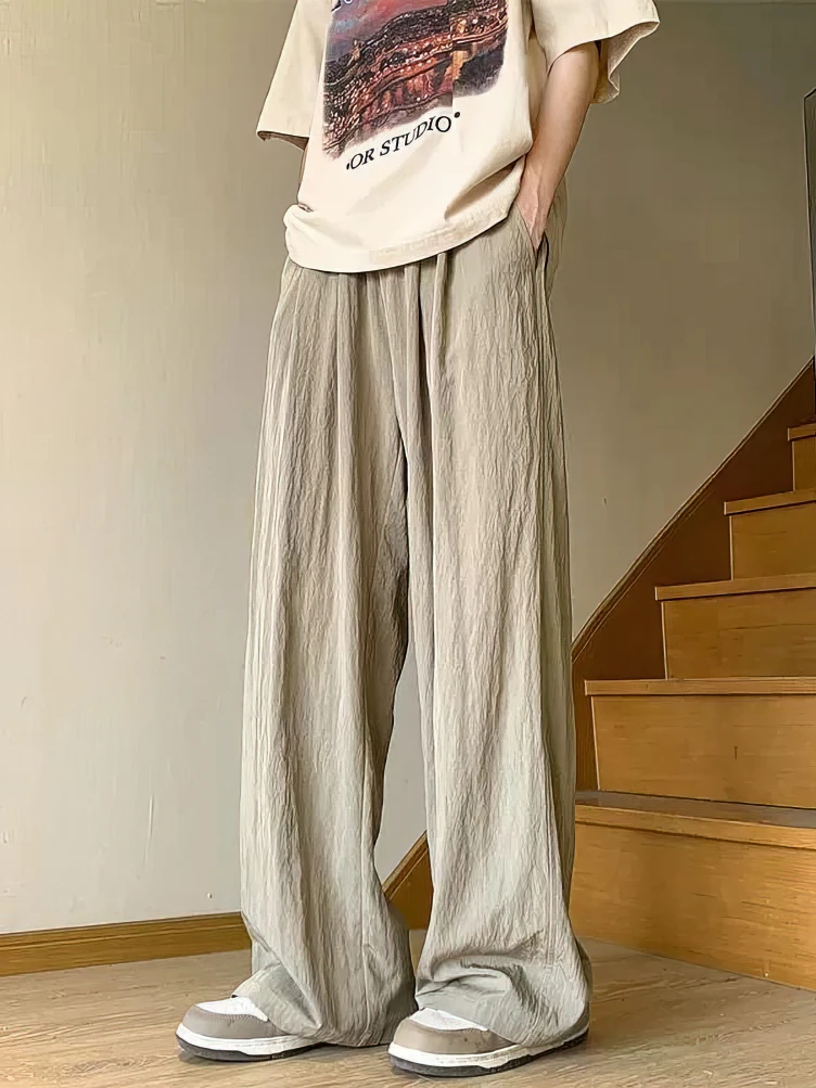 Ice Silk Linen Straight Casual Pants Men Summer Thin Loose Wide Leg Straight Long Trousers Japanese Lazy Popular 2024 New