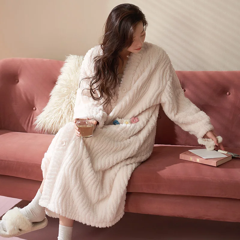 Winter Plush Velvet Women Robes Sexy V-Neck Sleep Lounge Pijama Long Sleeve Ladies Nightwear Bathrobe Button Cardigan Nightdress