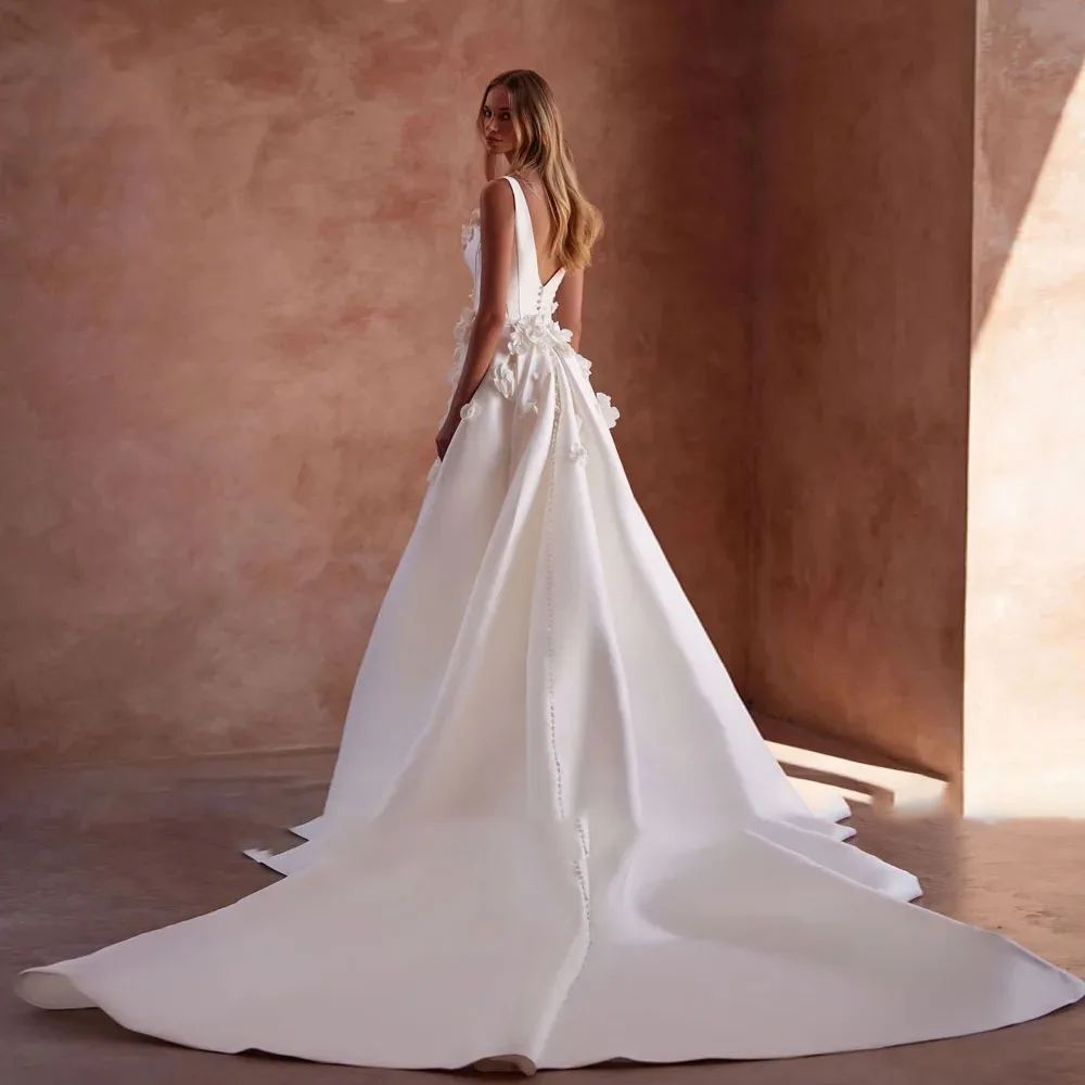 2024 Abiti da sposa semplici in raso a-line Sweetheart senza spalline Vestido De Novia Abito da sposa personalizzato con fiori 3D