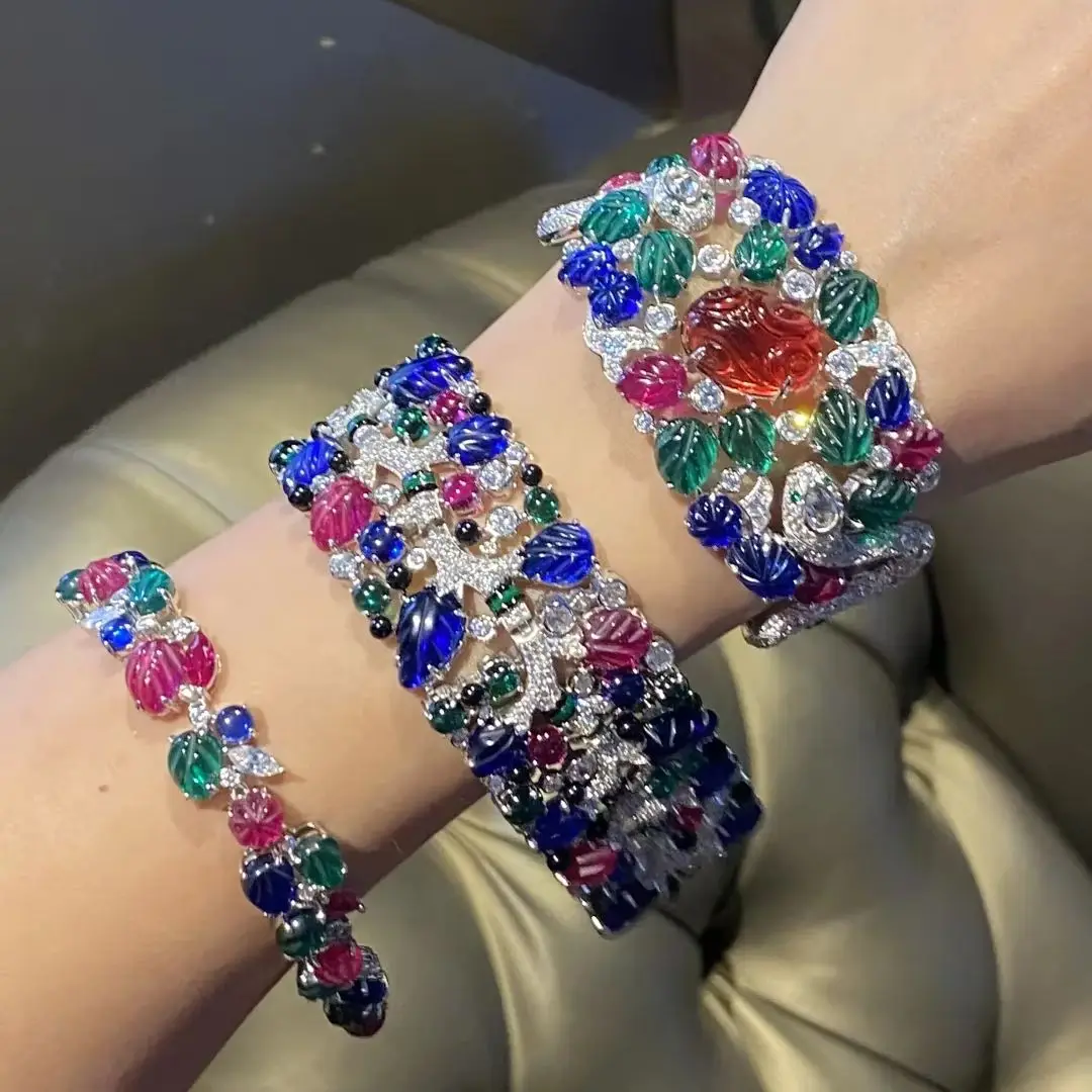 Bellux Bracelet Collection Top Quality Super Luxury 925 Silver Synthetic Red Green Blue Carving Gemstone Leaf Vintage Bracelet