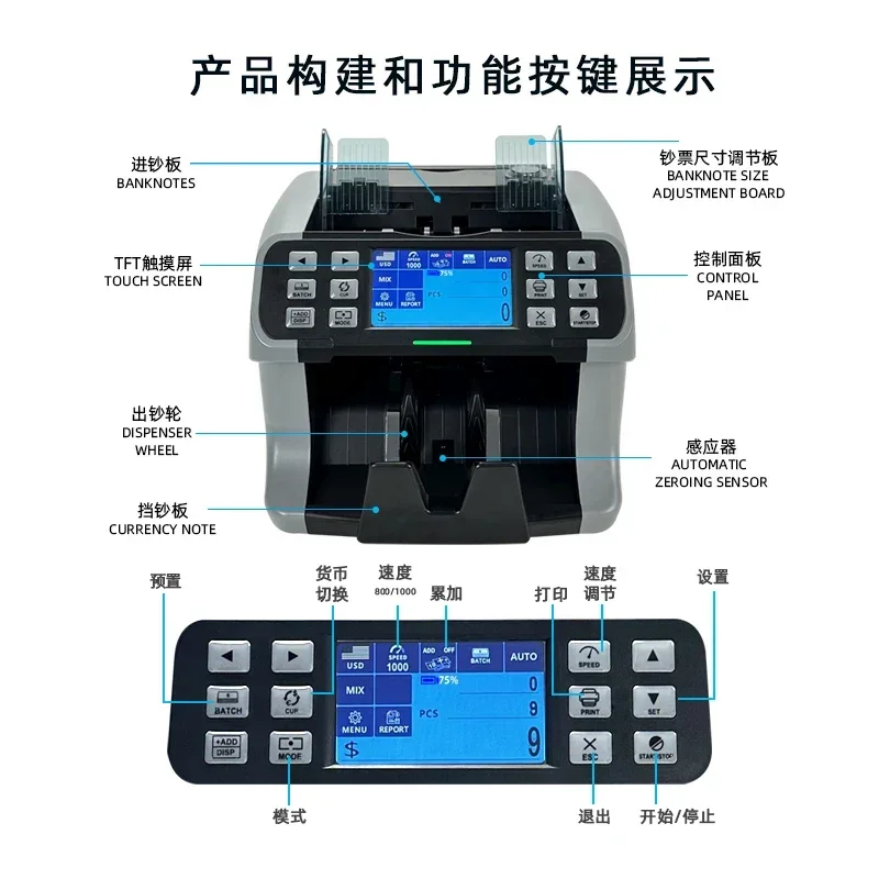 Rechargeable foreign currency banknote counting machine Touch screen Multinational currency banknote verifier Mixing point