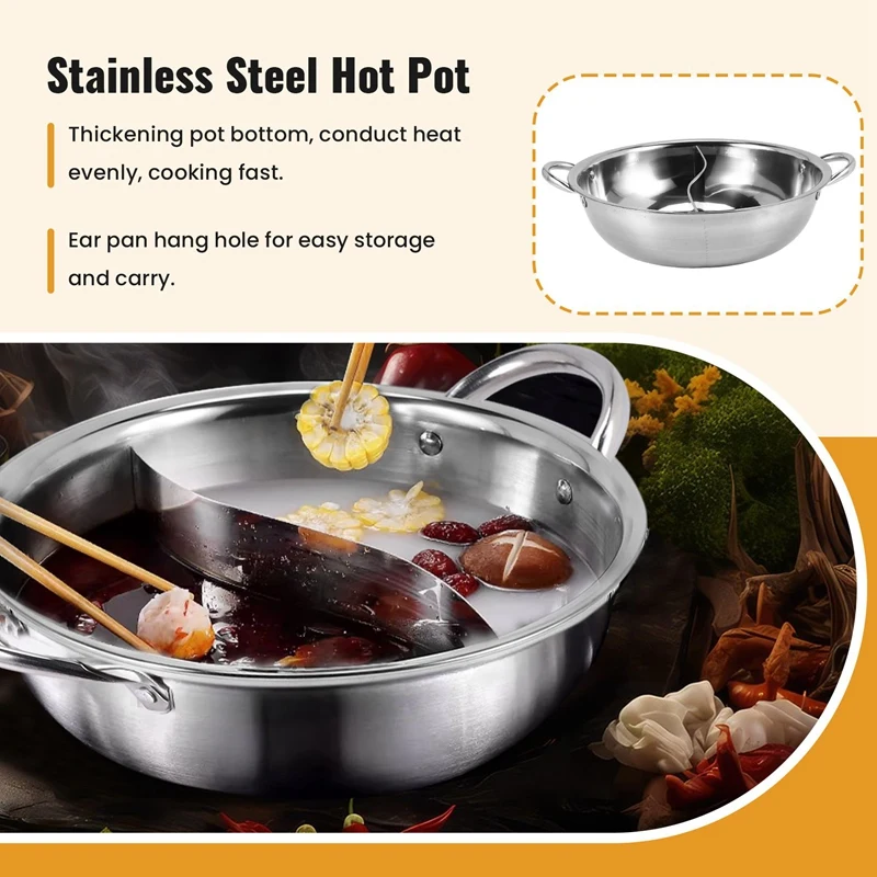 28Cm Hot Pot Twin Divided Stainless Steel 28Cm Cookware Hot Pot Ruled Compatible Soup Stock Pots Home Kitchen