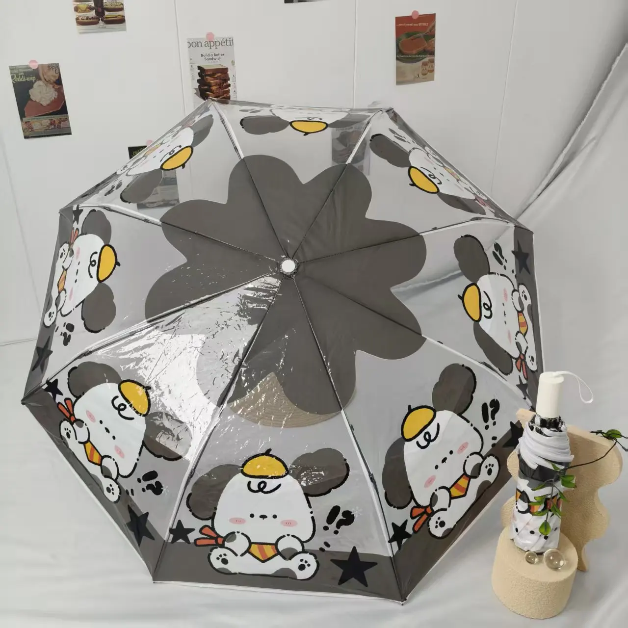 Vollautomatischer transparenter PVC-Regenschirm mit „Please Cat“-Muster, wasserdicht und winddicht, für eine angenehme Atmosphäre