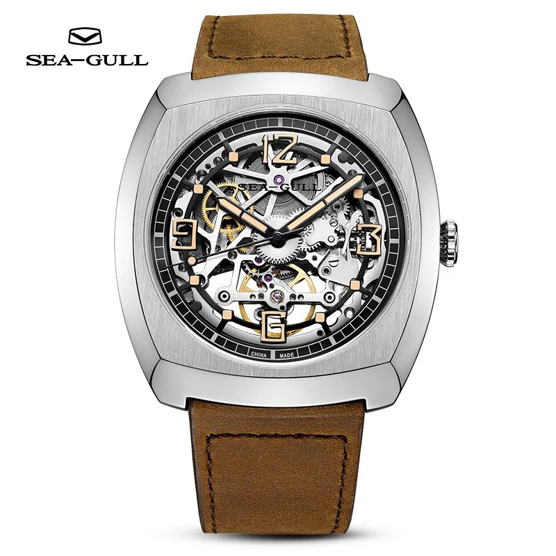 Seagull Watch Men\'s Automatic Mechanical Watch Wine Barrel Mechanical Skeleton Watch Business Belt Watch Luminous 6094