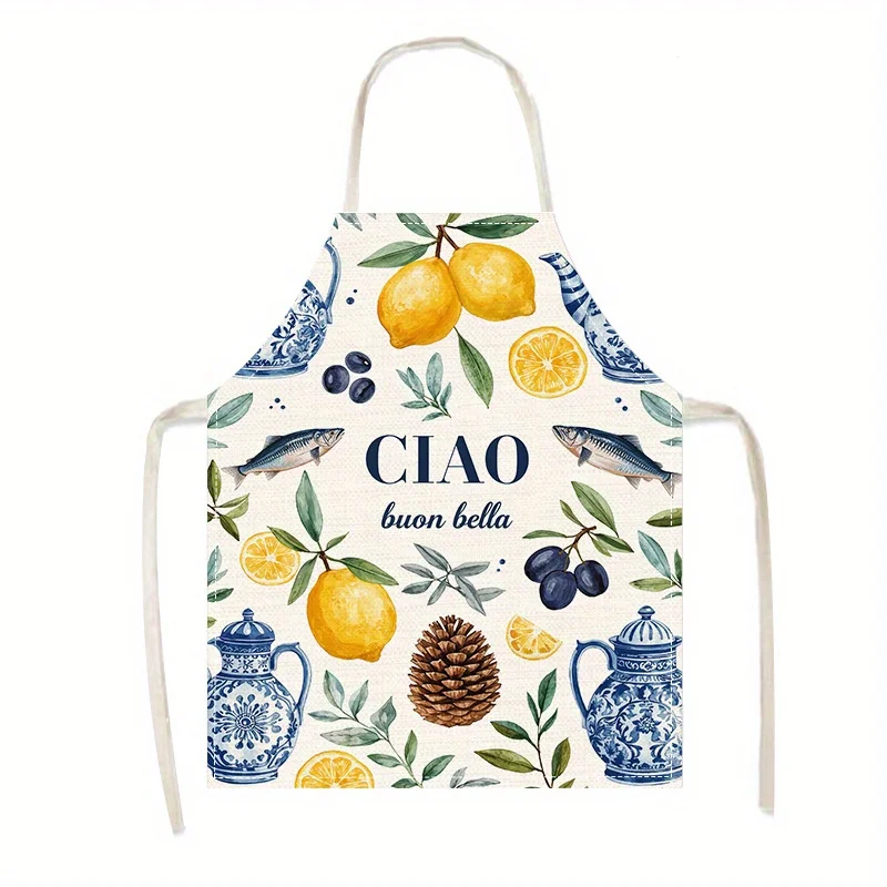 1pc 2D Flat Linen Apron Ciao Buon Bella Lemon Olive Fish Design Italian Style Kitchen Cooking Baking Apron Home Decor Gift