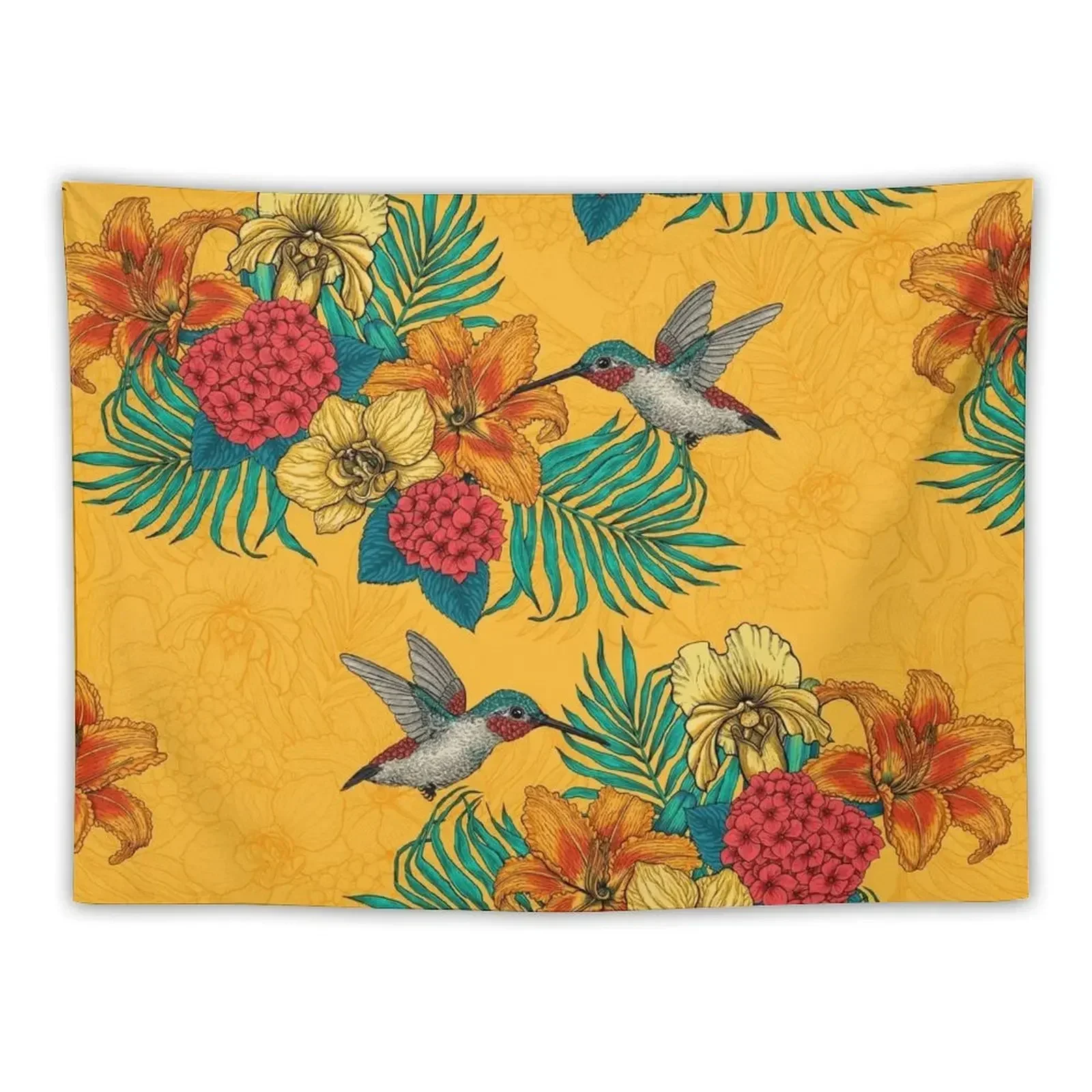 Hummingbirds and tropical bouquet in yellow Tapestry Bed Room Decoration Home Decorations Aesthetic Wall Deco Tapestry