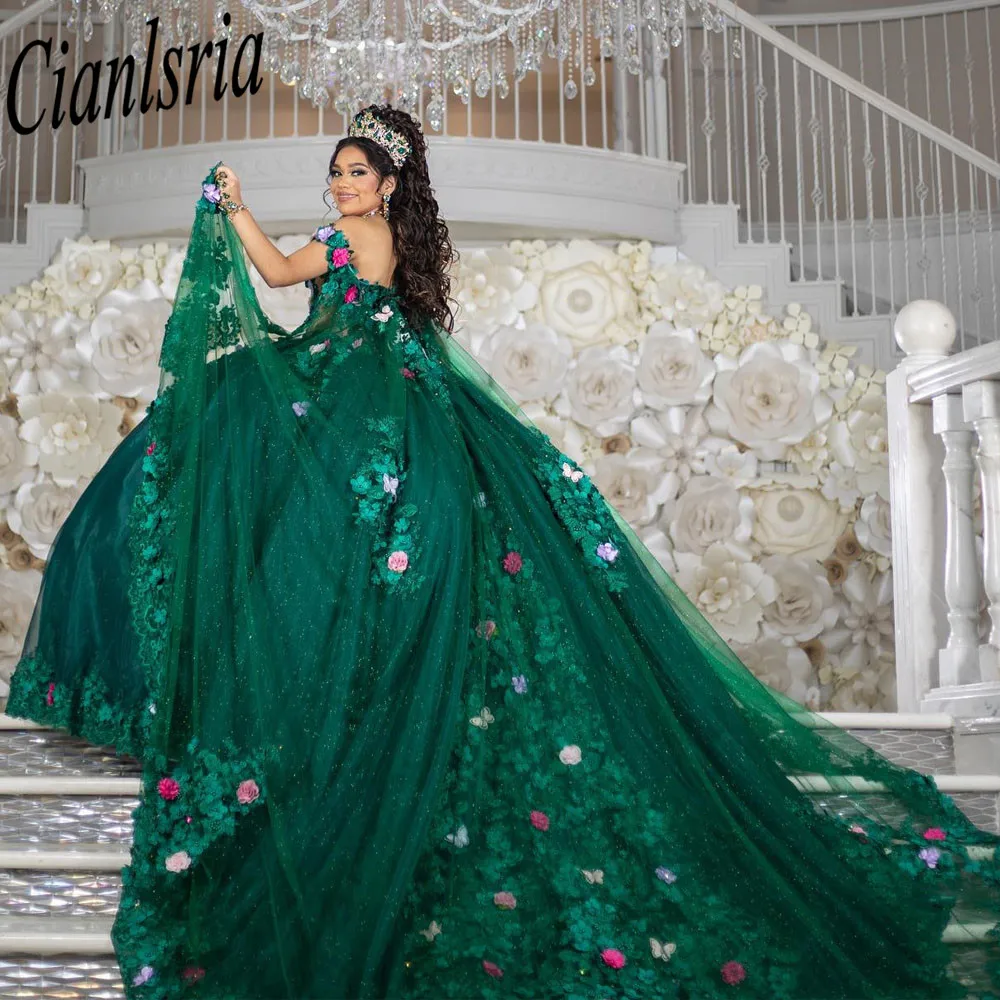 Vestidos verdes de quinceañera mexicana, apliques florales 3D hechos a mano, Vestidos de baile formales de princesa de cumpleaños, 15 y 16 Años