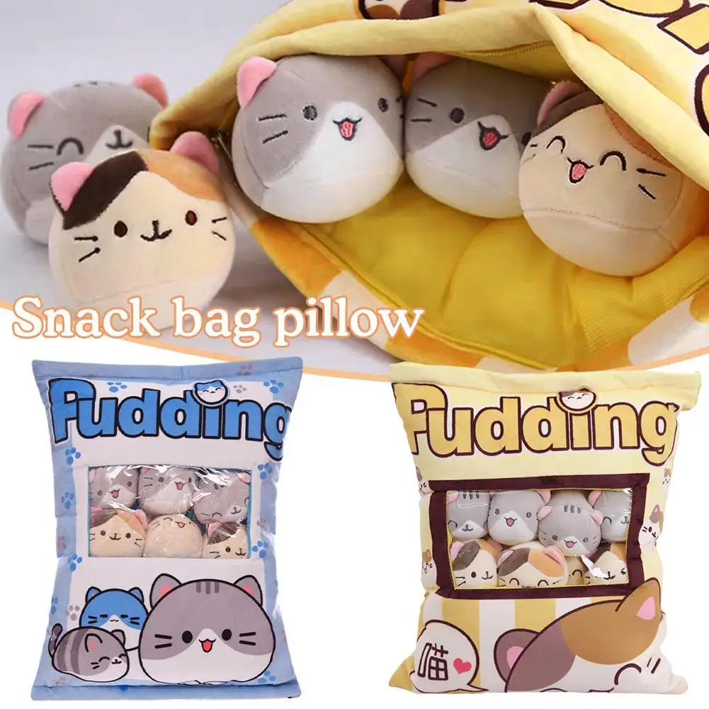 Kawaii Plush Pillow Cushion Cute Cat Snack Bag Pillow Mini Soft Pudding Bag Plush Stuffed Animal Fluffy Decorative Pillow Gift