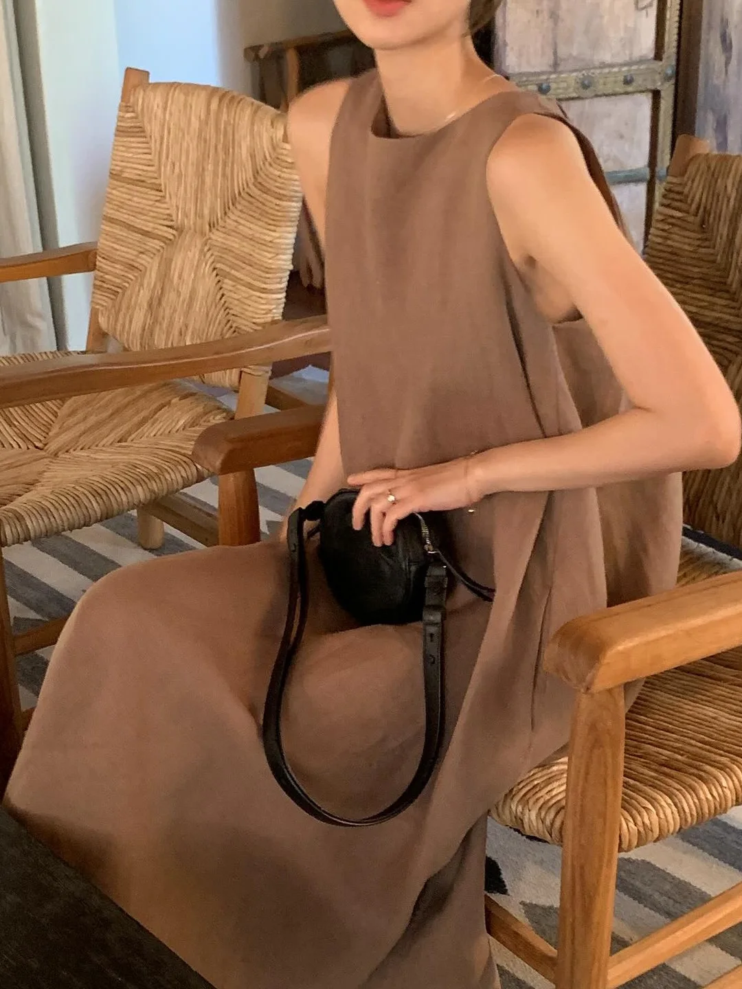 

Loose Fit Korean Sle Vest Dr round Ne Long Midi Dr Slimming Effect Spring Summer Faion Commute Sle No Sve