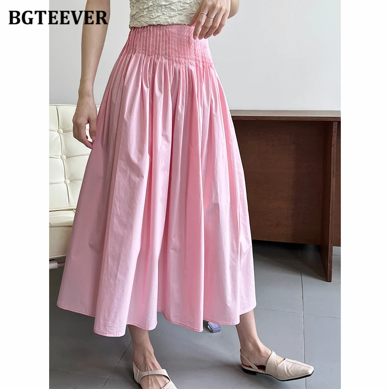 BGTEEVER Spring Summer Elastic Waist Ladies A-line Skirts Stylish Loose Women Pleated Skirts
